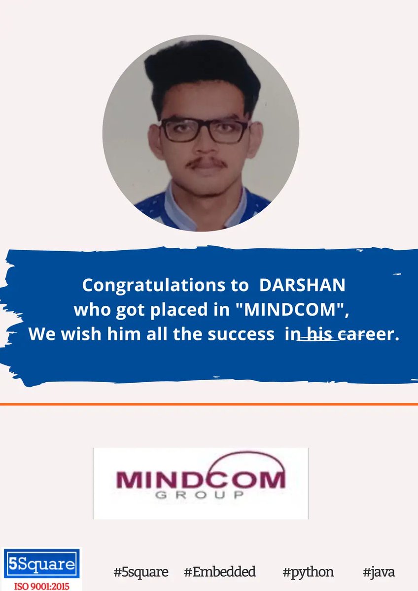 5squareblr's tweet photo. Congratulations to DARSHAN who got placed in "MINDCOM". We Wish him all the success in his career.
#5square #placement #embedded #python #java https://t.co/E7rHpmAbcN