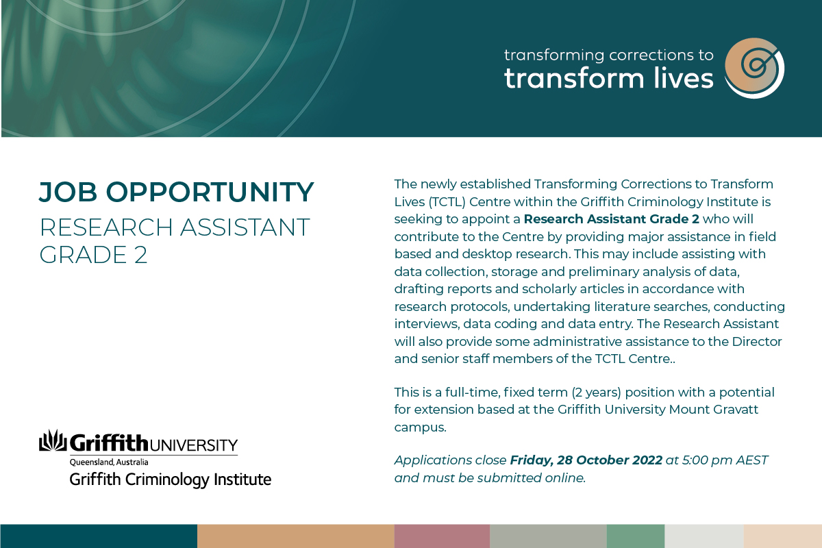 GriffCrimInst's tweet photo. JOB OPPORTUNITY | The Transforming Corrections to Transform Lives (TCTL) Centre is seeking to appoint a Research Assistant Grade 2. Full-time, fixed term (2 years) position. Applications close 28 October. Find out more https://t.co/RTlUuVz4qs https://t.co/QxPrKV11lo