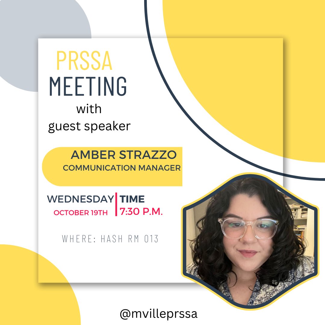 Next week on Wednesday, October 19th at 7:30 p.m. Amber Strazzo will be our guest speaker to talk about her career as a communications manager and we couldn’t be more excited! We hope to see you there!💛🖤
#millersville #millersvilleu #millersvilleuniversity #mvilleprssa #prssa