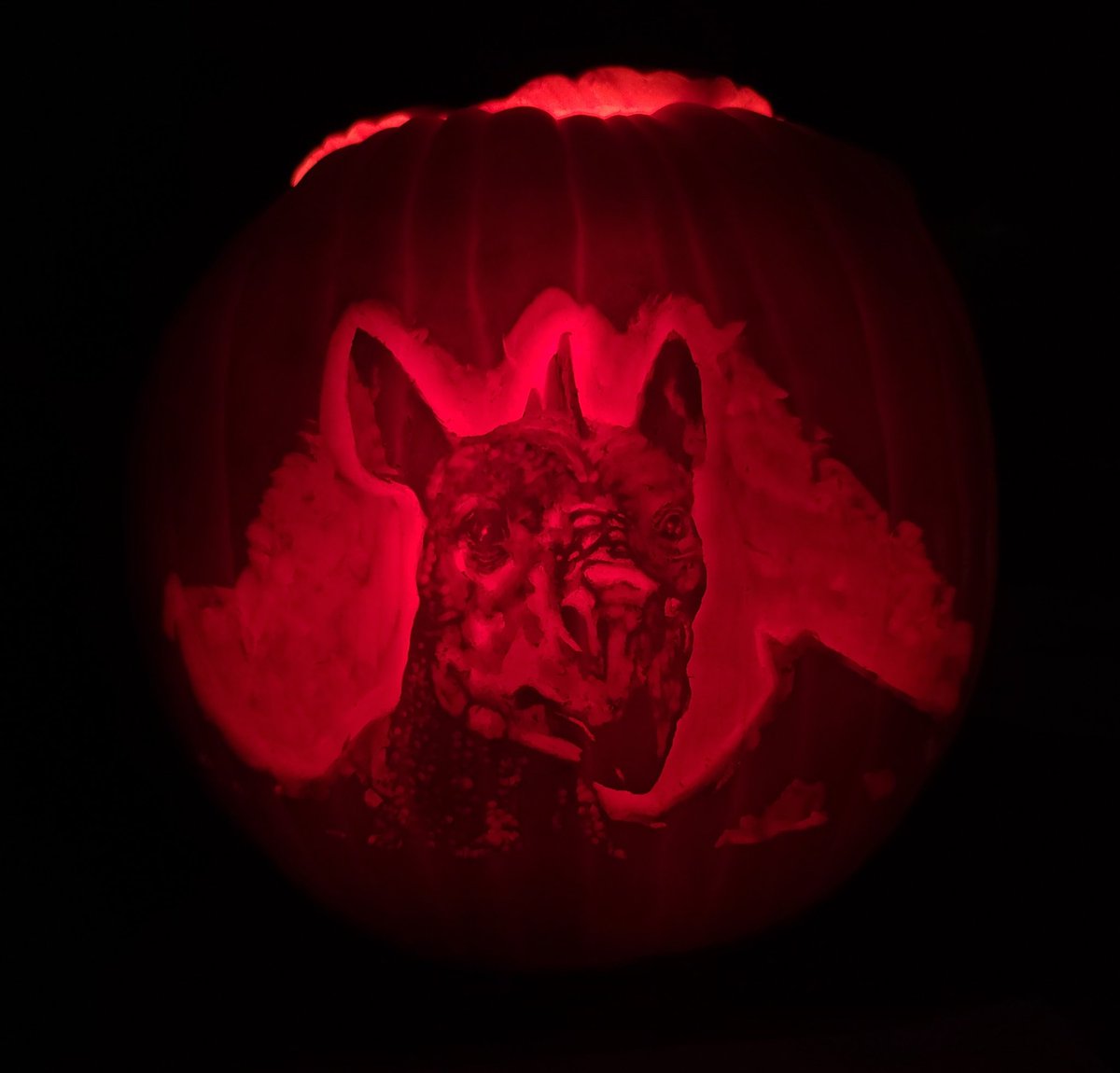 jedipirate's tweet photo. Carve 47 - 2022. Carved a couple nights ago, again finishing around 3 a.m. Gregory the Gargoyle from #TheSandman. #JusticeForGregory #HappyHalloween #pumpkincarving https://t.co/dYLmIOpf0D