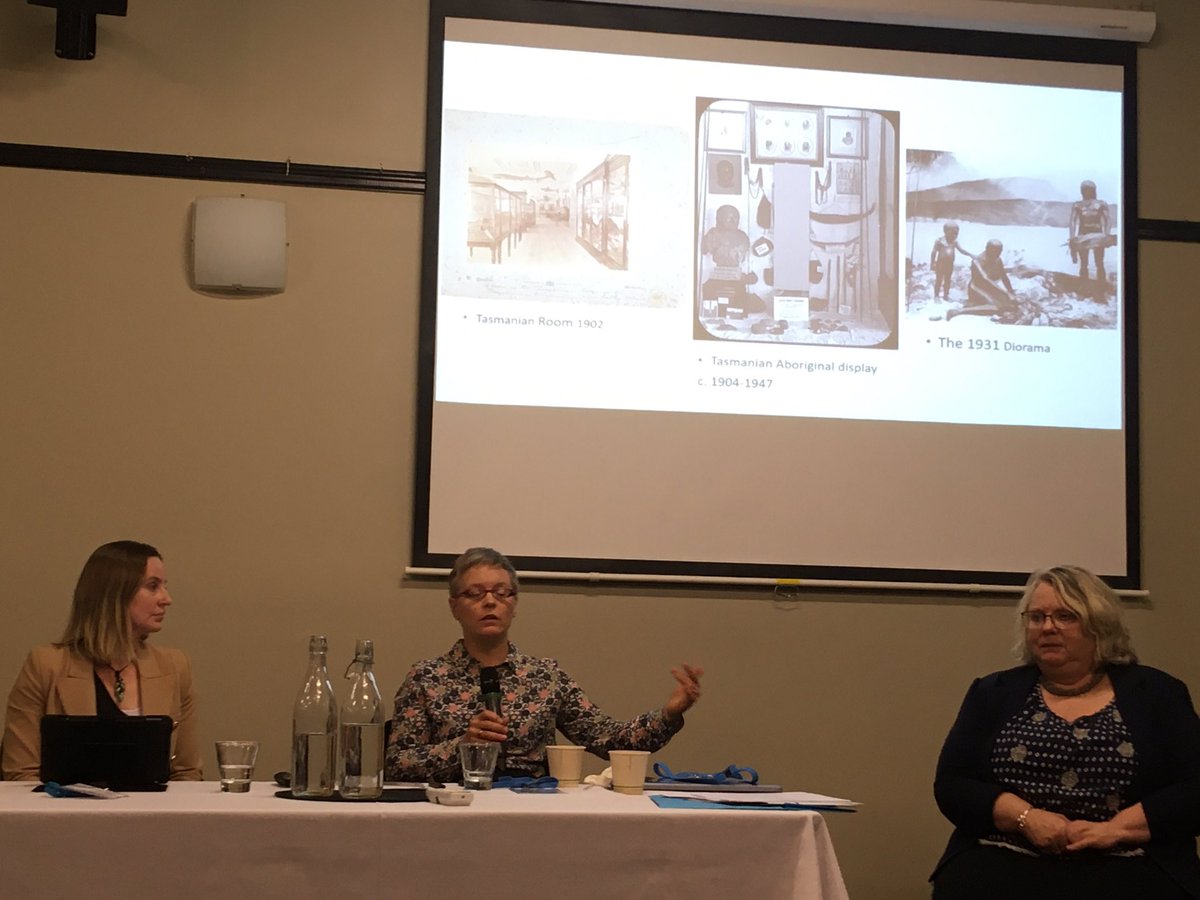 C_PascoeLeahy's tweet photo. Next @UTAS_ scholars @RebeTaylorMelb, Zoe Rimmer &amp; Darian-Smith discussed the troubling history of collecting Pakana remains, artefacts &amp; stories and the fight to have them returned to communities https://t.co/hhaz9jw9Nz