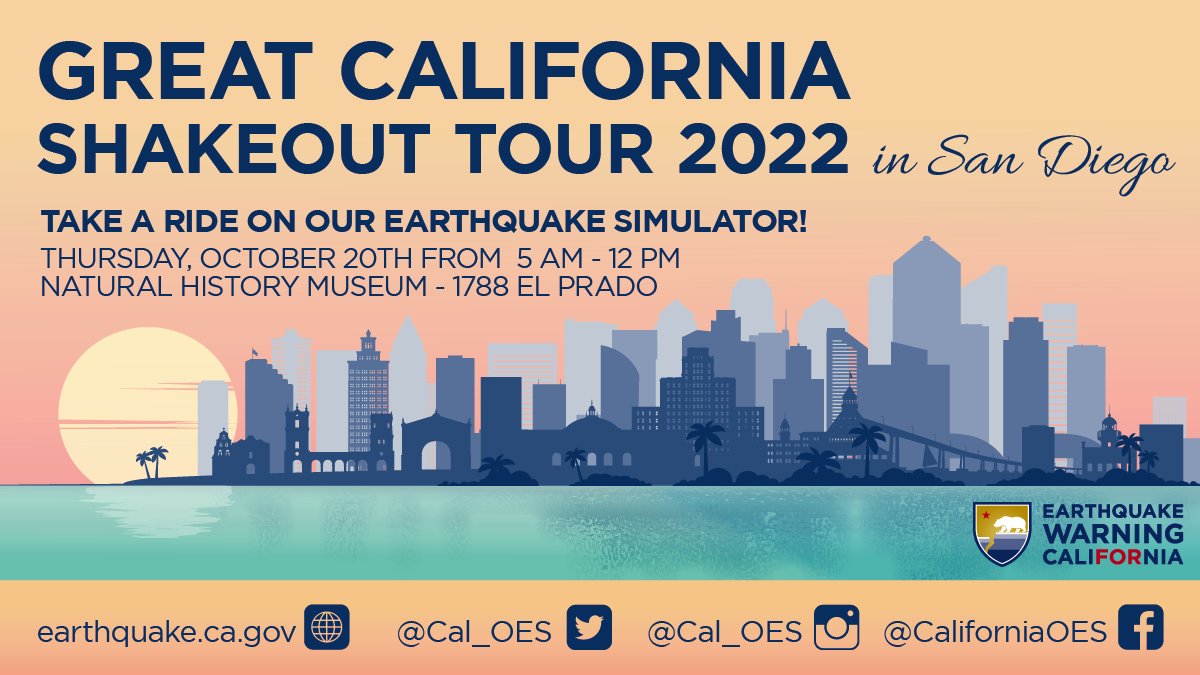AlertSanDiegoCo's tweet photo. Next week in San Diego take a ride on an #earthquake simulator!
Thursday October 20 – San Diego
Location: Natural History Museum – 1788 El Prado, San Diego, CA 92101
Time: 5 a.m.-12 p.m.
#ReadySanDiego #ShakeOut https://t.co/e0SlUTZQqx