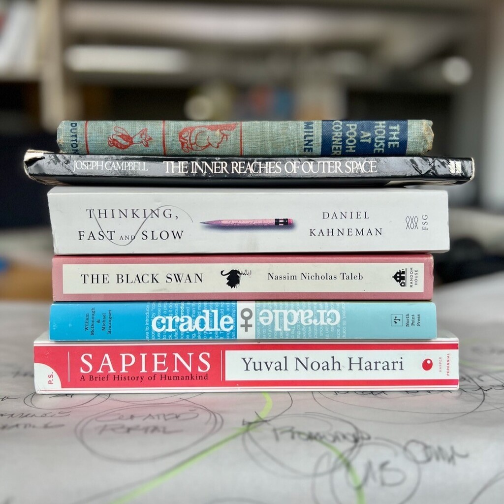 pushpd's tweet photo. Perspectives #danielkahneman #josephcampbell #nassimtaleb #williammcdonough #aamilne #industrialdesign #cathedralforwork https://t.co/4SIZS6vdGG https://t.co/KGx6u5Wmvn