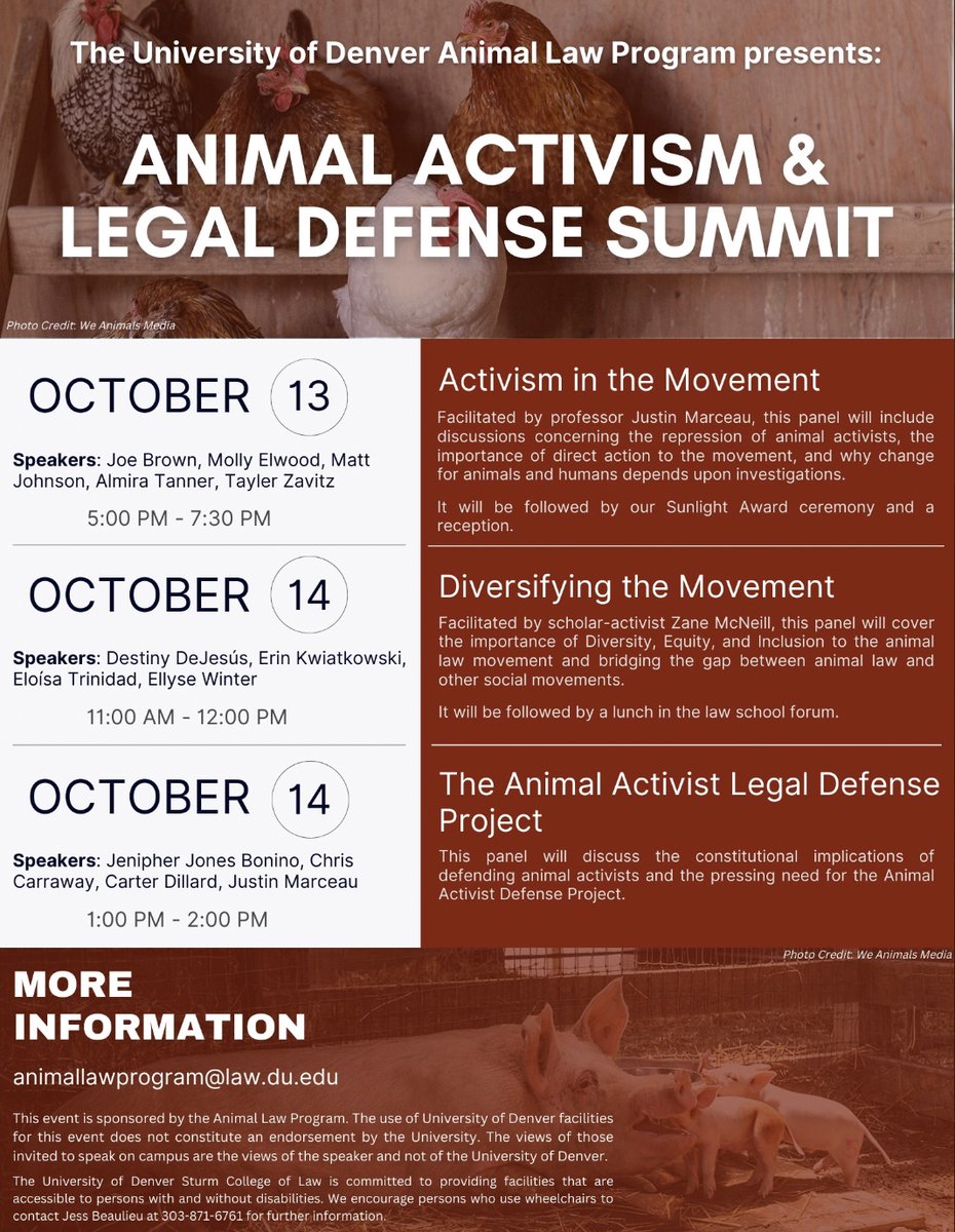 Such an important and timely program from @DUAnimalLaw tonight, including my @SturmCOL colleague @justin_marceau in conversation w/ panelists Tayler Zavitz @almiratanner @mollyelwood & @UofDenver film prof Joe Brown. Program will continue tomorrow -- see below for schedule.