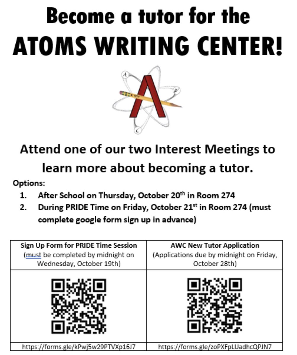 Want to become an AWC tutor? Come to an interest meeting! Sign up for PRIDE time on Oct 21 in room 274 by midnight, Oct 19. Link: forms.gle/kPwj5w29PTVXp1… 
No need to sign up for after school on Oct 20. 
Tutor application link, due midnight Oct 28: forms.gle/zoPXFpLUadhcQP…