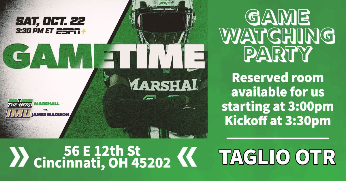 Marshall Greater Cincinnati Alumni Chapter (@cincyherd) on Twitter photo Join us next Saturday <a href="/EatTaglio/">Taglio Bar & Pizzeria</a> OTR to watch the <a href="/HerdFB/">Marshall Football</a> take on JMU. We start at 3pm. 🦬 🦬 🦬 Join us next Saturday <a href="/EatTaglio/">Taglio Bar & Pizzeria</a> OTR to watch the <a href="/HerdFB/">Marshall Football</a> take on JMU. We start at 3pm. 🦬 🦬 🦬