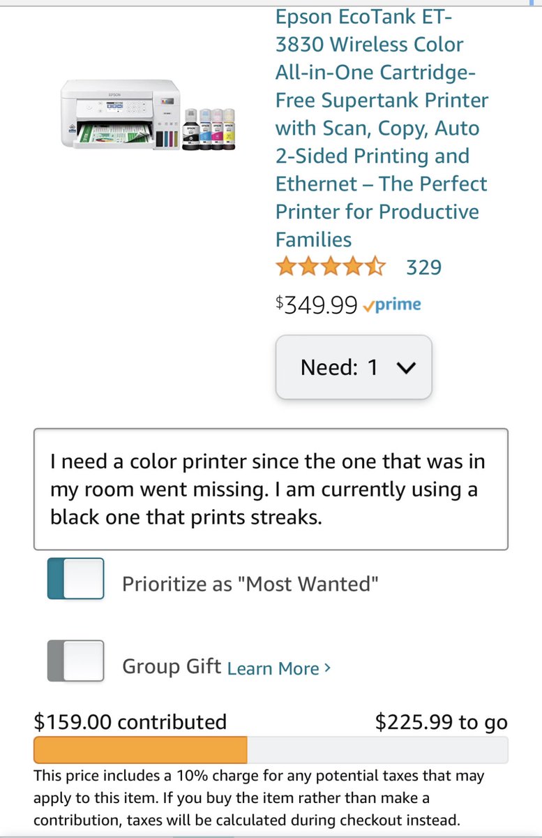 ‼️$159 has been contributed to this much needed item on my registry‼️No donations today, but hoping that will change soon 🤞🏼Any fairies 🧚‍♂️ out there on #teachertwitter tonight? Help me #clearthelist I would love this awesome printer 🖨️#BlueCrew amazon.com/wedding/share/…