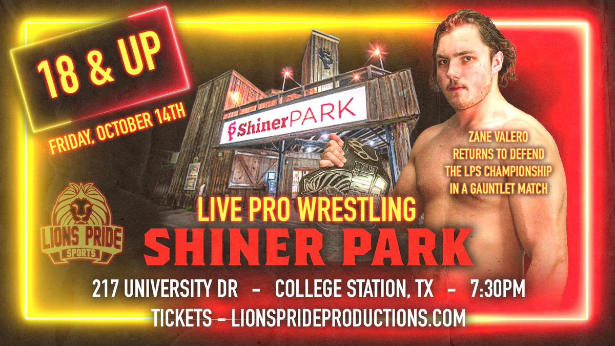 LionsPrideTX's tweet photo. TOMORROW NIGHT, we invade Northgate!

⚠️ @ValeroZane defends the LPS Title in a Gauntlet Match!

⚠️ @TKOJOE85 &amp; HASTUR v Prince Ly &amp; MATHAYUS!

⚠️@shimbashipro (c) v @Watchdog_Mercer!

⚠️ @RDnobebryant &amp; @DrakeDurden in tag action!

#18andUp

https://t.co/39teWpKaHe https://t.co/TlQX8RPTIS