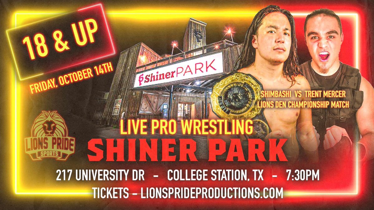 LionsPrideTX's tweet photo. TOMORROW NIGHT, we invade Northgate!

⚠️ @ValeroZane defends the LPS Title in a Gauntlet Match!

⚠️ @TKOJOE85 &amp; HASTUR v Prince Ly &amp; MATHAYUS!

⚠️@shimbashipro (c) v @Watchdog_Mercer!

⚠️ @RDnobebryant &amp; @DrakeDurden in tag action!

#18andUp

https://t.co/39teWpKaHe https://t.co/TlQX8RPTIS