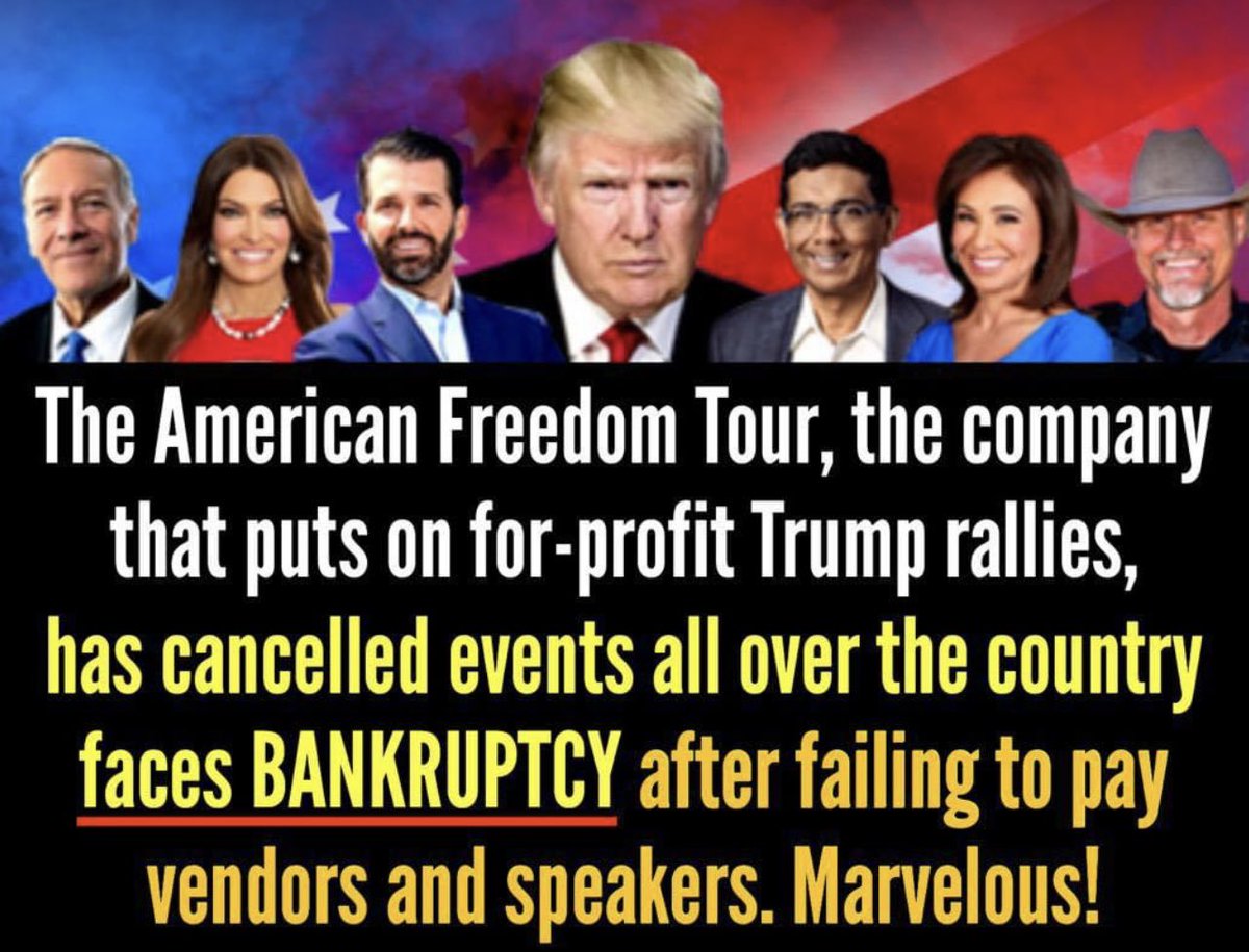 Ojeda4America's tweet photo. The American freedom Tour is facing bankruptcy. Why?  Because Trump don’t pay.  Maybe this can finally put an end to those horrific rally’s. https://t.co/l4jIJyhky8