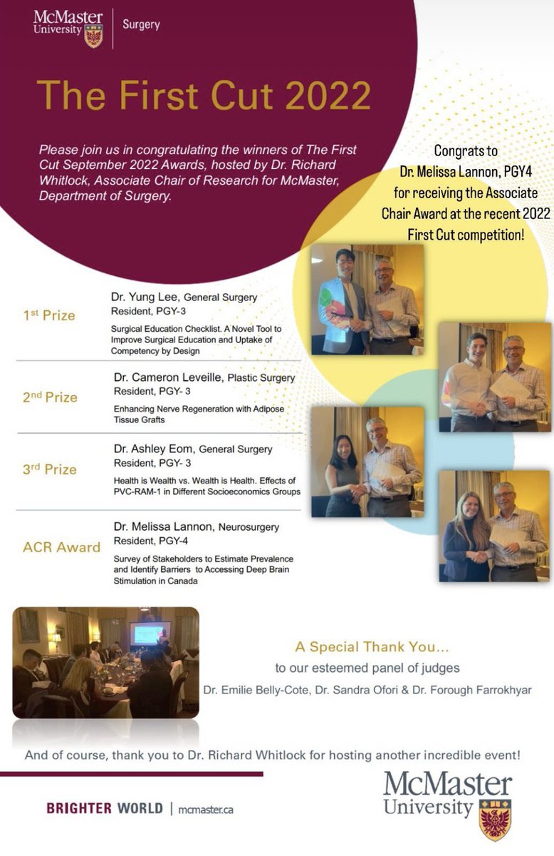 Another immensely proud moment - one of our PGY4s, Melissa Lannon, recently won the Associate Chair Award at McMaster’s First Cut competition. She presented her outstanding proposal to improve access to DBS in Canada. Excellent work Melissa!