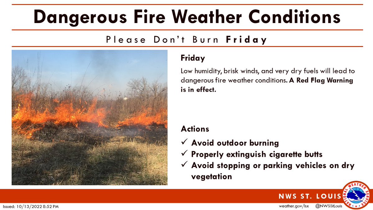 With low humidity, brisk winds, and very dry fuels, conditions will be ripe for the spread of dangerous wildfires, should any fires develop. A Red Flag Warning is in effect for the area on Friday. #stlwx #midmowx #mowx #ilwx