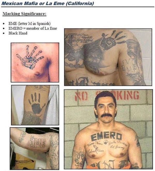 JesusAr39991044's tweet photo. Una mano negra, el Escudo Mexicano, la MM o eMe son los tatuajes con los que se identifican los miembros de la Mexican Mafia de califas, quienes están asociados con el Cartel de Sinaloa en el estado de California, la mayoría de los biembros de la eMe operan desde las pintas. https://t.co/0v9WdrmCAt