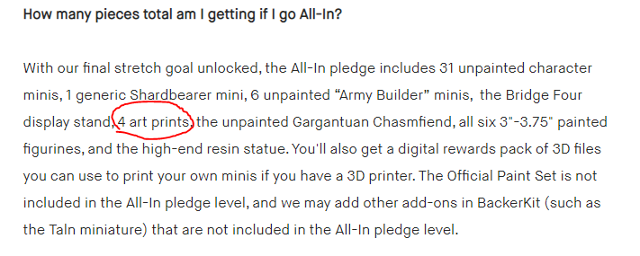 felcandy's tweet photo. @bwisegames Can you clarify if the All-in tier for the Stormlight minis does include the art prints or not, and whether backers get four or six painted figures? There is conflicting information on these two images https://t.co/UT0rg3sCtO