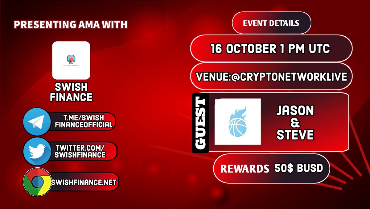 Cryptolive01's tweet photo. 🔥 #Cryptonetwork x @SWISHFINANCE AMA!

🤑 50$ BUSD Shared! 
⏰ Oct 17 01:00 PM(UTC) 

✅RT,like and tag 2 friends and post a question.
✅ Join &amp; Invite friends to our TG https://t.co/GokWFSbShi https://t.co/CS3QkZGlQB