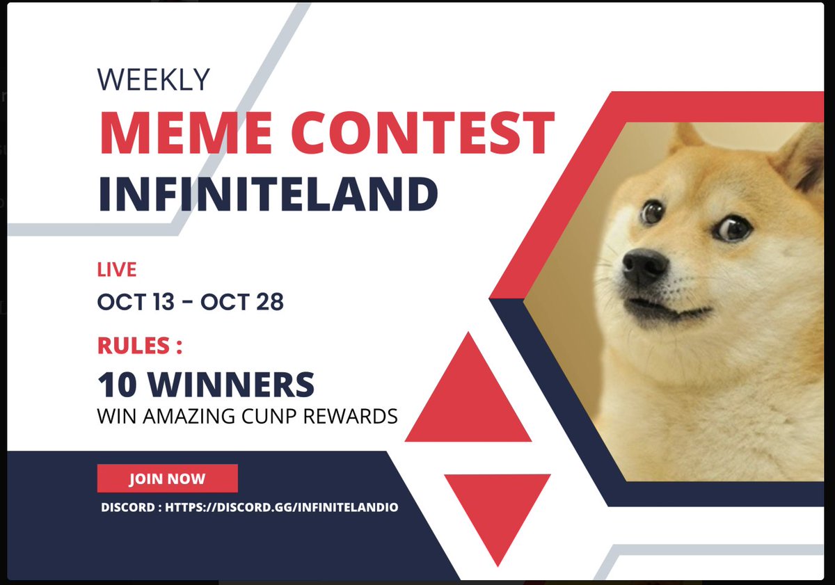 🚨Competition Time🚨

Make meme as interesting and creative as possible about INFINITELAND, all winners will be rewarded with CUNP💸

Rules: 
Send funny memes on discord
Will choose 10 winners with most likes❤️

Join now : discord.gg/infinitelandio
#Giveaway #Competition