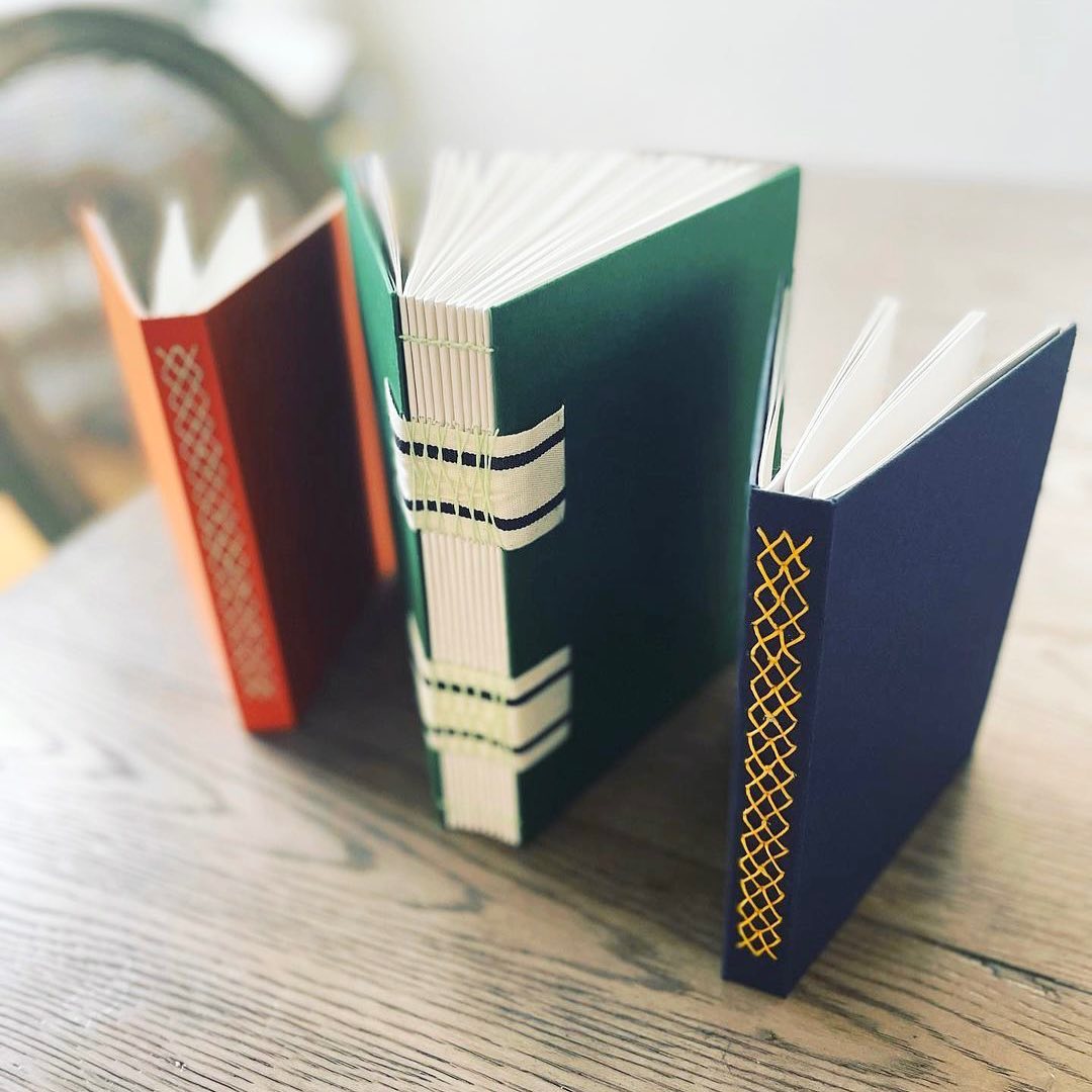 Take a look at this beautiful trio of books created by Meg from our community. Join us and learn from Bari Zaki to create hand-stitched books. This workshop is back in stock and available in our marketplace now! bit.ly/3S0xaxp
