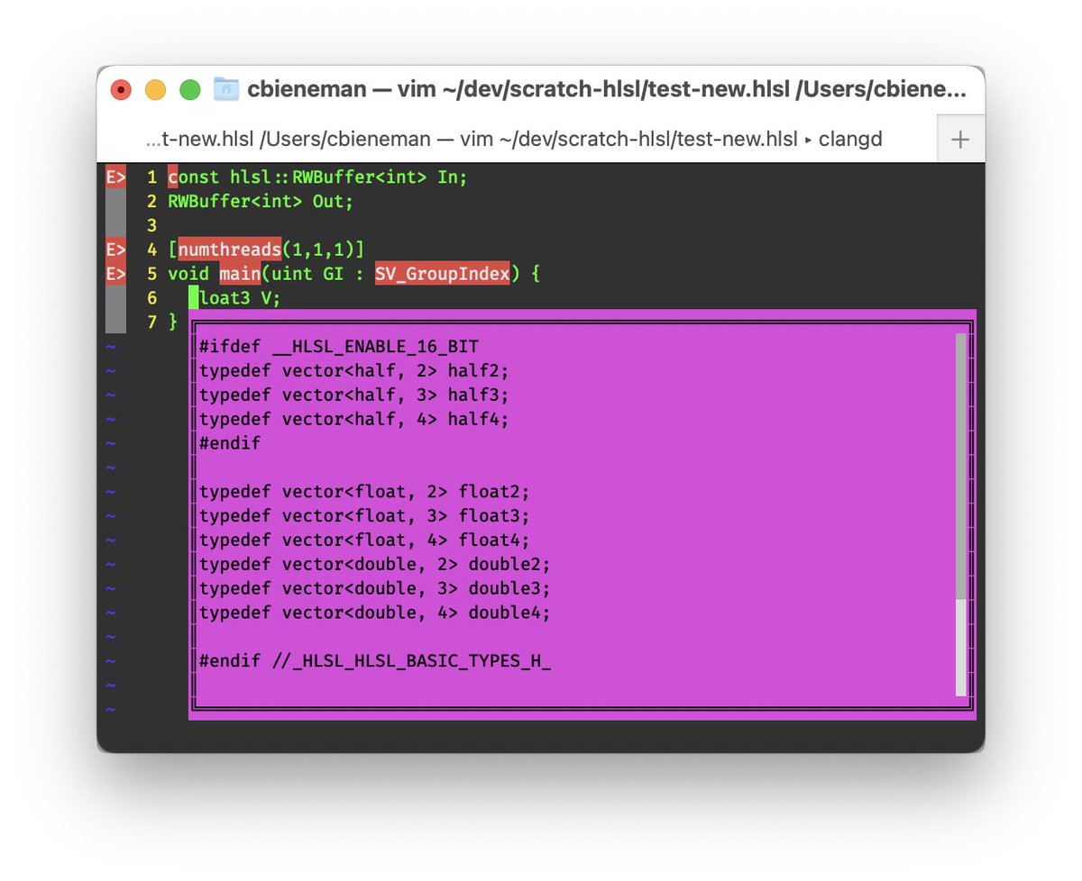 HLSLang's tweet photo. Scale of 1 to 10: how awesome is vim support for HLSL? https://t.co/T6Thr2Zt04