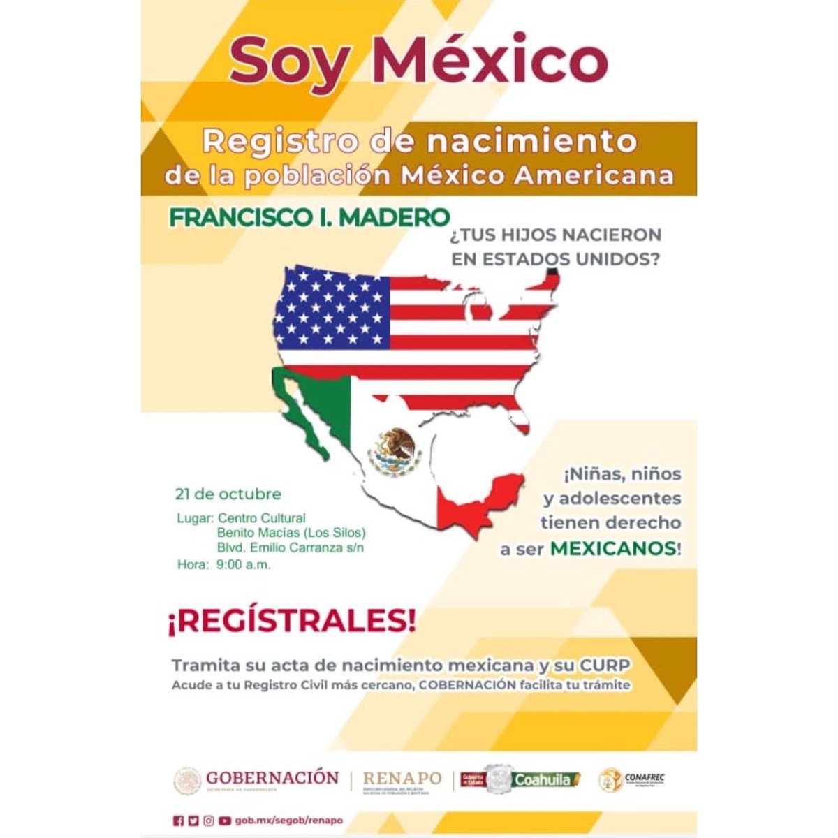 📣¡Atención #FranciscoI.Madero!
Campaña para el Registro de Nacimiento de Niñas, Niños y Adolescentes. 
Te invitamos a la brigada del Registro Civil este próximo 21 de octubre, en el Centro Cultural Benito Macias en el municipio de Francisco I. Madero, a partir de las 9:00 am.