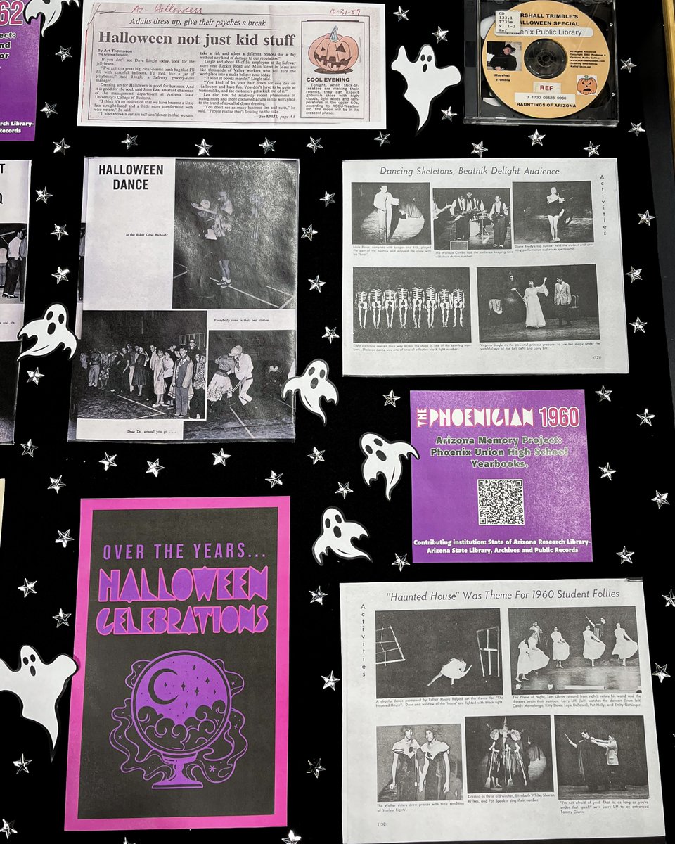 PhxLibrary's tweet photo. Do you believe in ghosts? 👻Stop by the #ArizonaRoom in Burton Barr to look at the Haunted Phoenix display case & mark your vote! While you're there, check out the display showcasing #Halloween Celebrations throughout the years. https://t.co/e5fyS4SSHT #Arizona #History #PHX https://t.co/UUvhHYWq6x