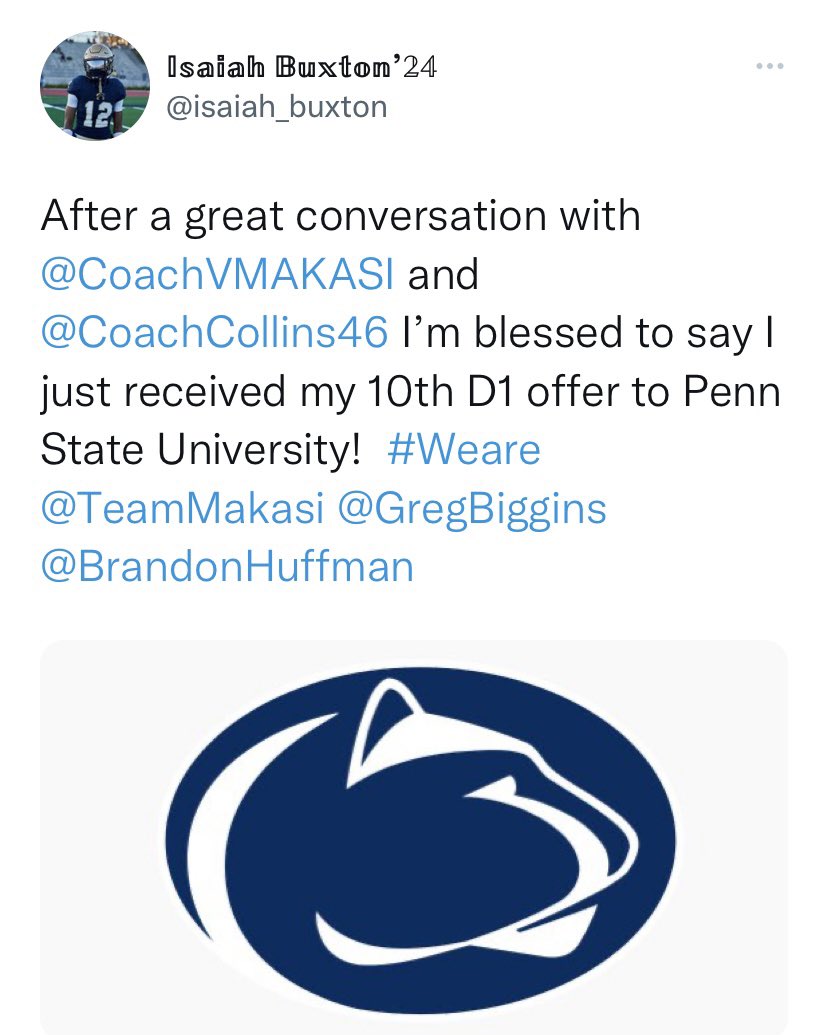 Congratulations to Team Makasi Athlete Isaiah Buxton (Mater Dei Catholic HS) on his 10th D1 offer to Penn State. Isaiah is one of the top rated corners in the 2024 class in California. We are extremely proud of you young man… #TeamMakasi @GregBiggins @BrandonHuffman