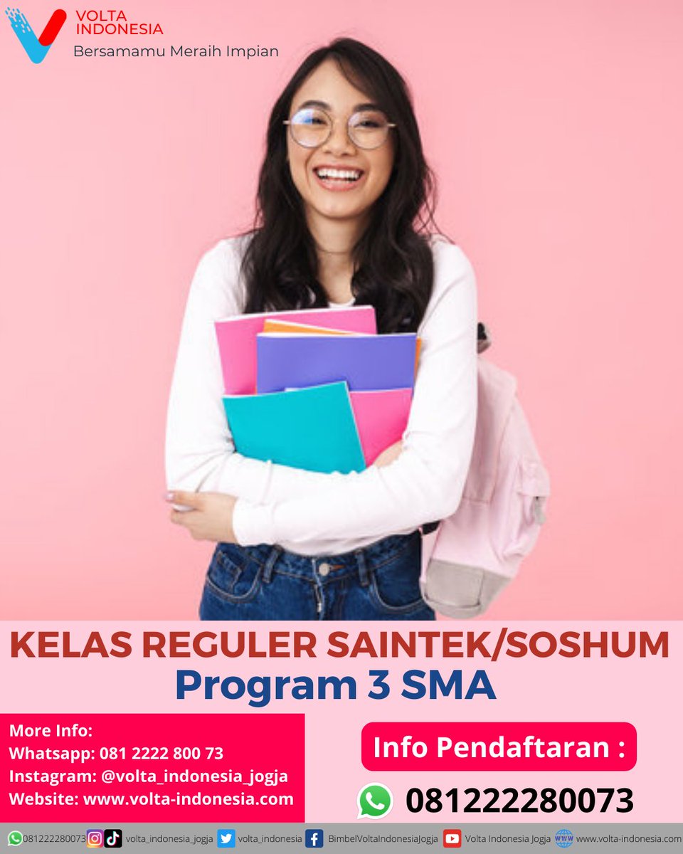 volta_indonesia's tweet photo. KELAS REGULER SAINTEK/SOSHUM
✓Tatap Muka
✓15 Siswa/Kelas
✓Bisa Booking Kelas
Yuk buruan gabung kelas reguler BIMBEL VOLTA INDONESIA... Lagi ada diskon loh berlaku selama Oktober... Jangan sampai ketinggalan ya 😉
#voltaindonesia #kelasregules #3SMA #Siapsnbt2023 https://t.co/8w2B042wfg