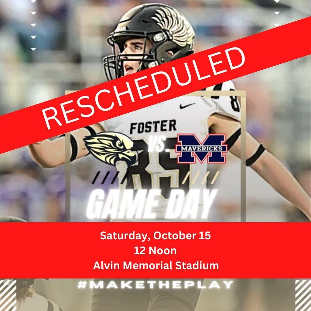 🚨 RESCHEDULED Game Day🚨
🗓 October 15th 2022
⏰ 12 NOON
🏟 Alvin Memorial stadium: Away Side
🎟 ift.tt/duLP8qD. Tickets purchased for original game will be honored. 
📍 Alvin , TX
🏈 Foster HS 🆚 Manvel HS
#ProtectTheNest instagr.am/p/CjrV5hXOsCJ/