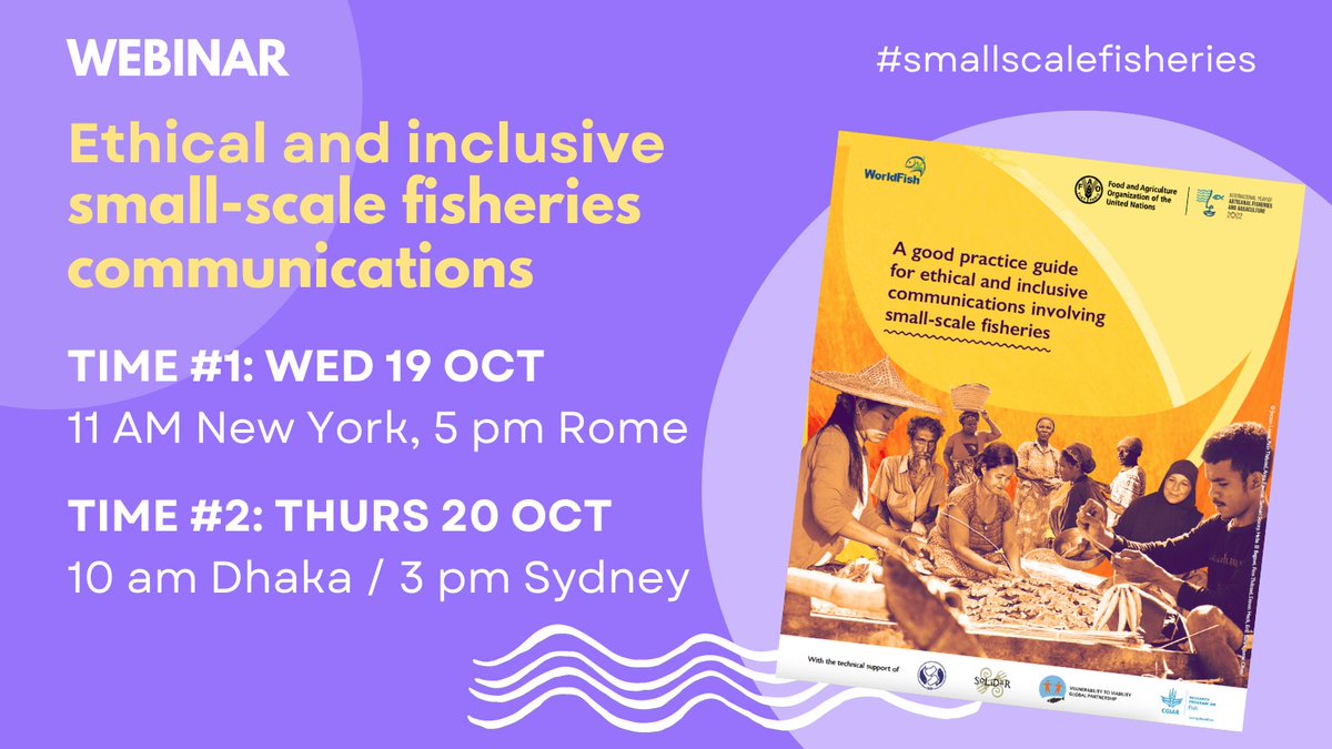 Join an upcoming discussion on inclusive #smallscalefisheries communications. 1⃣ Wed 19 Oct, 11am NY / 5pm Rome Register 🔗 us06web.zoom.us/meeting/regist… 2⃣ Thurs 20 Oct, 10am Dhaka / 3pm Sydney Register 🔗 us06web.zoom.us/meeting/regist… Read the guide ➡️ fao.org/publications/c…