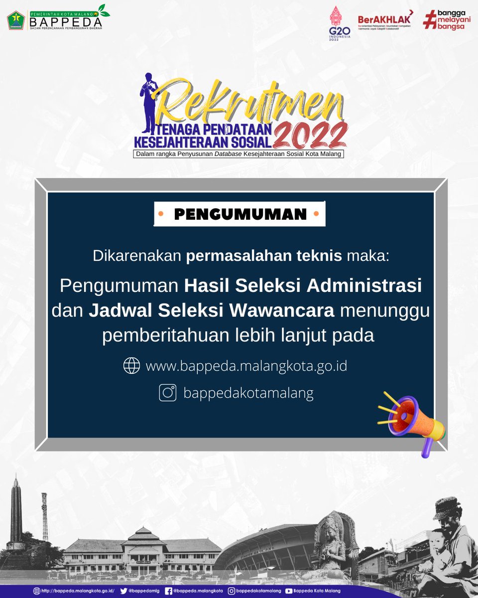 bappedamlg's tweet photo. #NawakNgalam & #NawakPerencana
dikarenakan permasalahan teknis maka,
Pengumuman Hasil Seleksi Administrasi dan Jadwal Seleksi Wawancara menunggu pemberitahuan lebih lanjut pada media sosial dan website kami.
#bappeda
#Rekrutmen https://t.co/1EpnHTfNJj