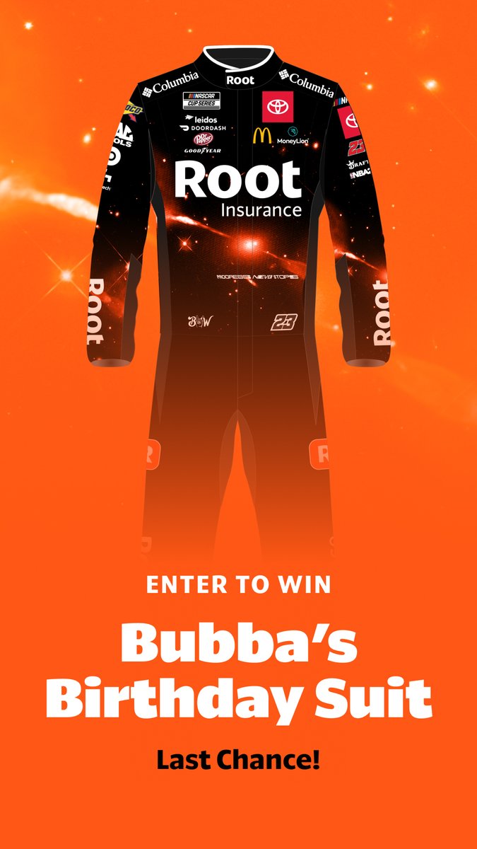 RootInsurance's tweet photo. LAST CHANCE: Enter to win the @RootInsurance x @BubbaWallace Birthday Suit signed by Bubba! Winner will be notified via email. Void where proh. No purch nec. Ends tonight. Rules+Enter: https://t.co/Rk2iUkPIyB
@BubbaWallace @23XIRacing
#RootForGoodDrivers #RootForBubba https://t.co/4jt0gT8dnC