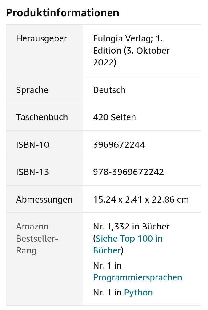 florian_dalwigk's tweet image. Mein #Python Buch ist mittlerweile in ZWEI (!) Kategorien auf Platz 1, nämlich in #Python und in #Programmiersprachen. Vielen, vielen Dank 😊
