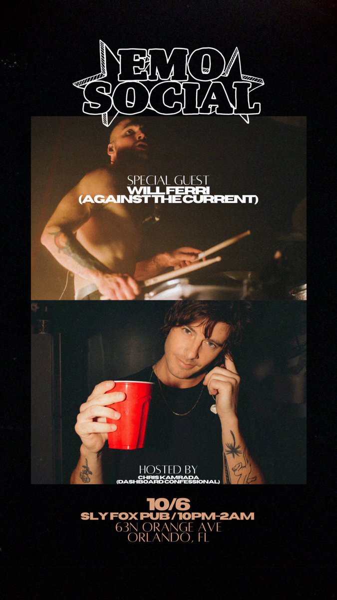emosocialparty's tweet photo. Tonight 🔥 

#EmoSocial in Downtown Orlando feat. special guest @WillFerri (Against The Current) https://t.co/NqL0oGjU1l