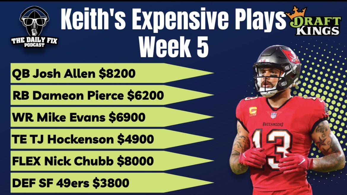 KeithFlemming's tweet photo. Below are me and @JoeEMatz Expensive Tier Plays for Week 5. Be sure to follow @TheDailyFixPod to find out our fav median and bargain tier plays as well. #Draftkings #FantasyFootballAdvice https://t.co/i8udRVMmxZ