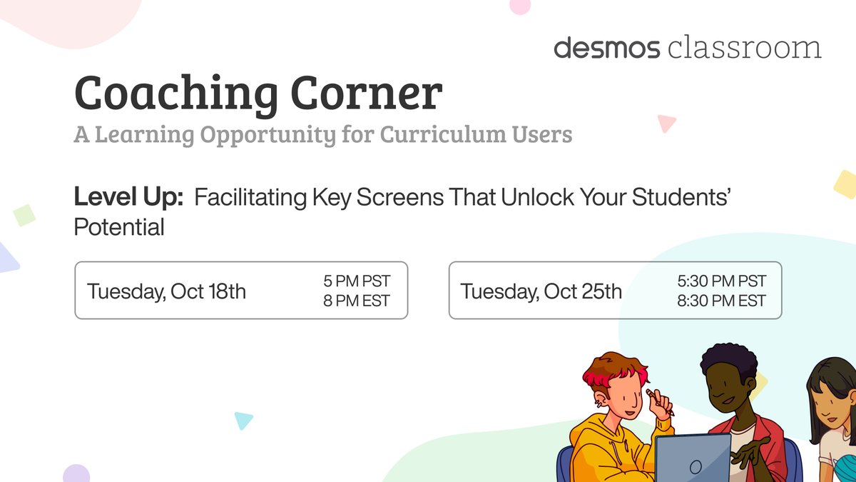 📢Calling @DesmosClassroom Curriculum users!
Join our Coaching Corner webinar on Oct 18 or 25 and come watch &amp; debrief video of a Desmos lesson. Learn to plan instruction that celebrates student brilliance &amp; builds a bridge to new learning.
Register today:learn.desmos.com/coaching-corne…