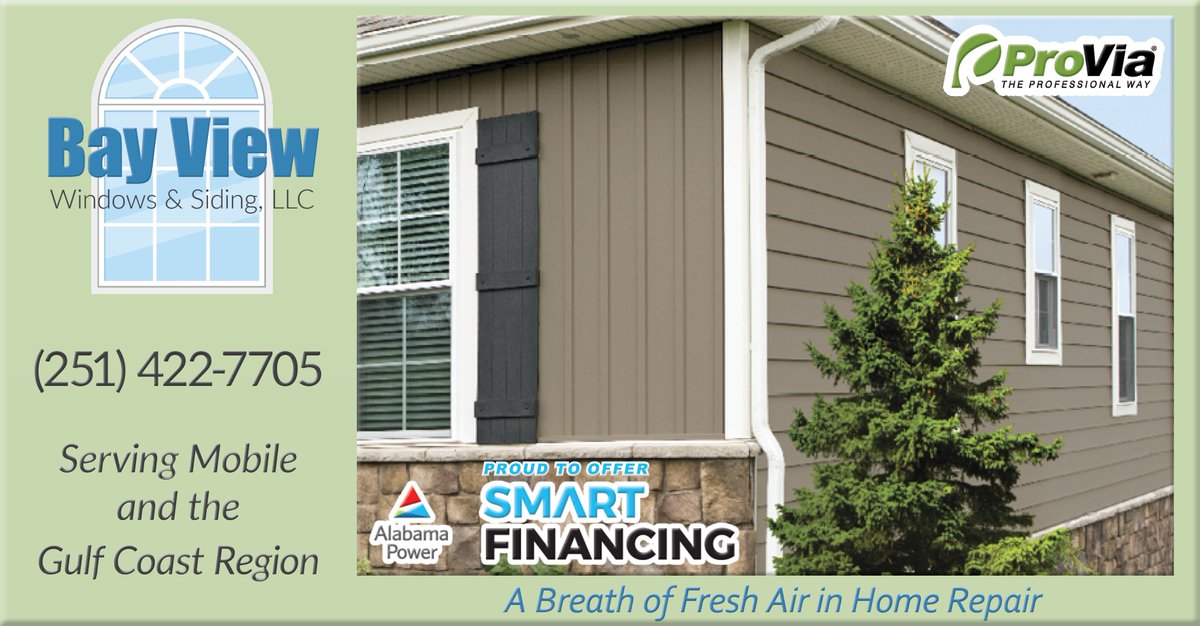 BayViewWS's tweet photo. #BayViewWindows &amp; Siding is Mobile’s #1 choice for superior #VinylSiding. We install all styles of #Provia including the Super Polymer insulated #CedarMAX siding for an impressive combination of beauty, durability, and energy efficiency. #BayViewMobile #AlabamaPowerSmartFinancing https://t.co/T46PpLf99m