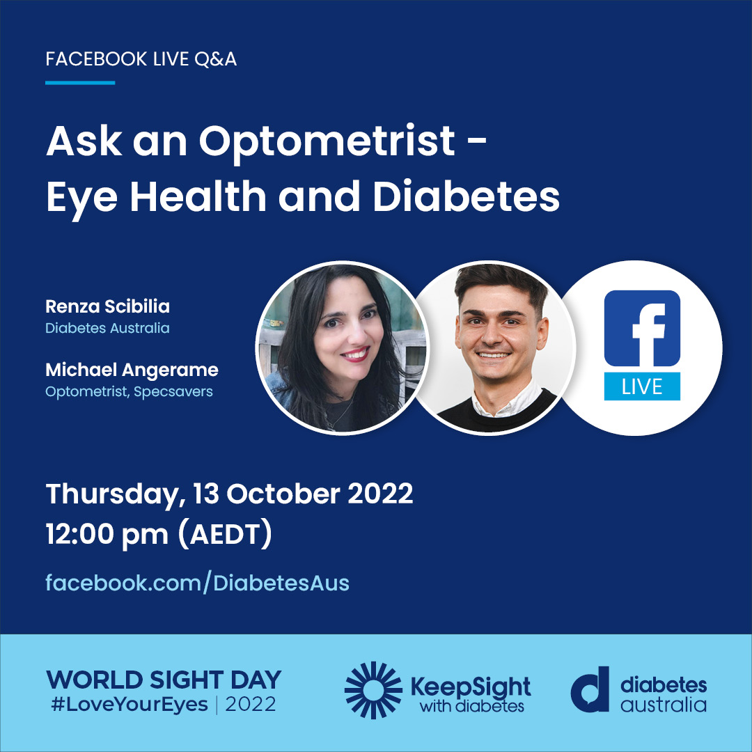 DiabetesAus's tweet photo. Join us on Diabetes Australia’s Facebook on Thursday Oct 13 for a live #WorldSightDay Q&A about eye health with Michael Angerame from Specsavers.
Like and Follow us - https://t.co/FgkdASBKTF
#KeepSight #EyeHealth https://t.co/hkmXUOF1SQ