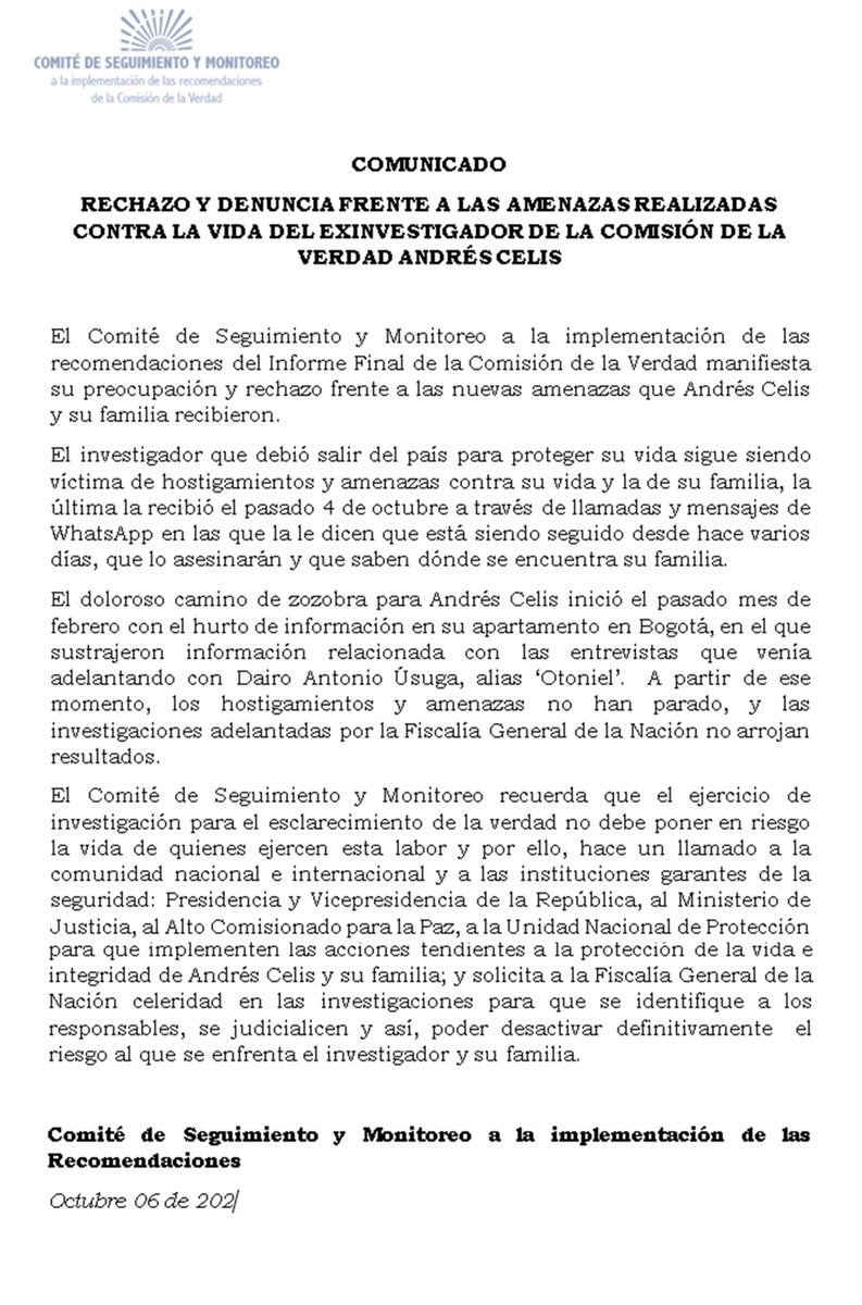 ComisionVerdadC's tweet photo. #ATENCIÓN | Comité de Seguimiento y Monitoreo pone en conocimiento la situación de riesgo a la que sigue expuesto el exinvestigador de la Comisión de la Verdad y su familia. @petrogustavo @FranciaMarquezM @MinjusticiaCo @UNPColombia @FiscaliaCol https://t.co/fViYW602F7