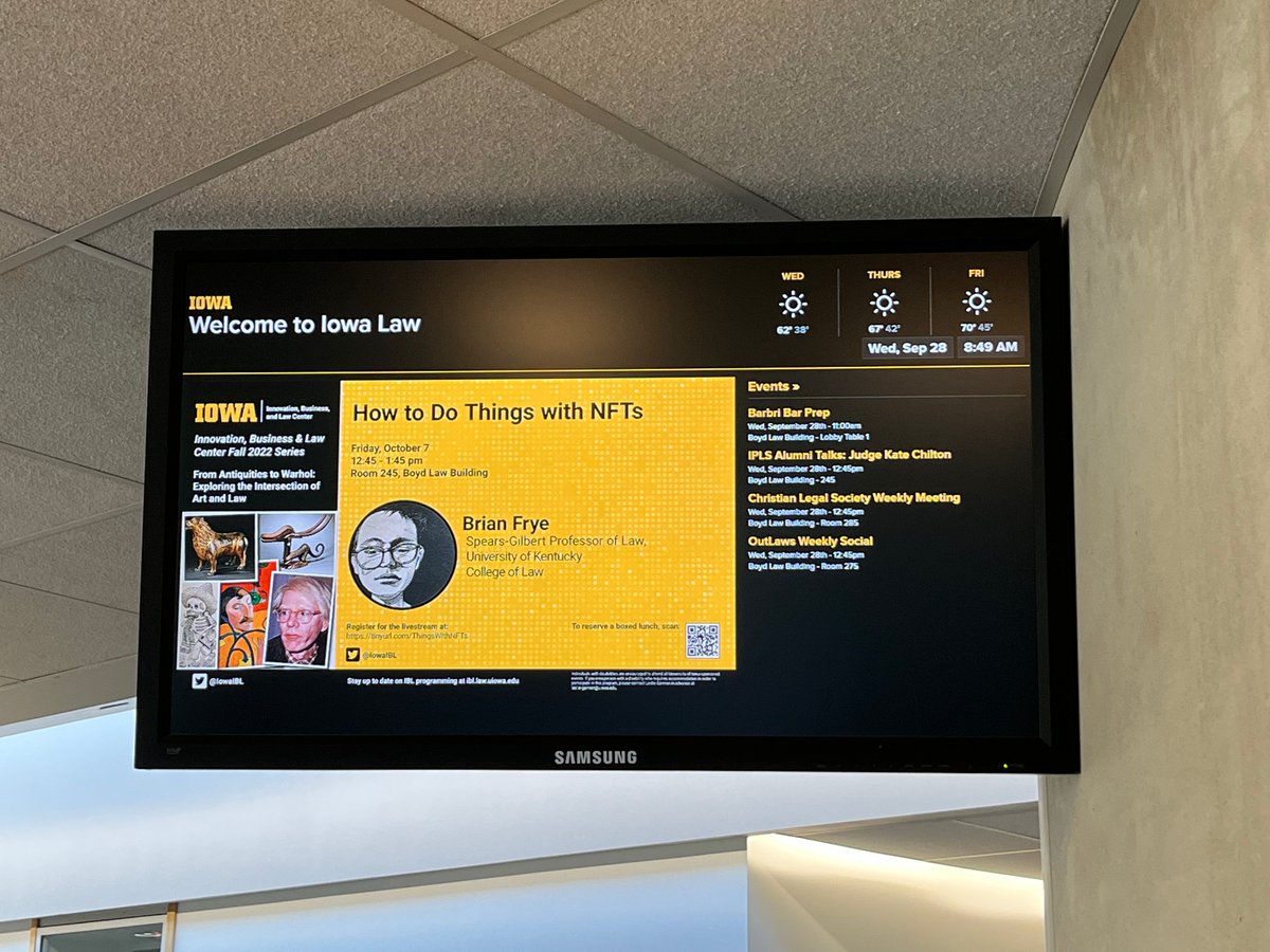 IowaPatentLaw's tweet image. Do you like Art? Do you like NFTs? We've got both! Plus @brianlfrye. Join us tomorrow at 12:45 pm CT - ibl.law.uiowa.edu/event/98411/0. And this time I'm finally going to get the video &amp;amp; audio tech perfect. Really 🙃