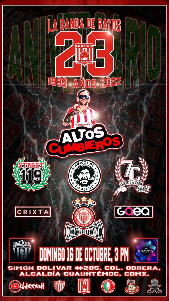 comando_necaxa's tweet photo. ⚡️El festejo por los 23 años de #LaBandaDeRayos los #ATR23 el COMANDO ROJIBLANCO la banda de Club Necaxa ya está a la vuelta de la esquina. ¿Te lo vas a perder?⚡️
🎼Domingo 16 de octubre de 2022, 3 de la tarde, en Gravity Snack Bar!!

#ComandoRojiblanco
#Desde1999
#23Aniversario https://t.co/kDtCEJQHyp