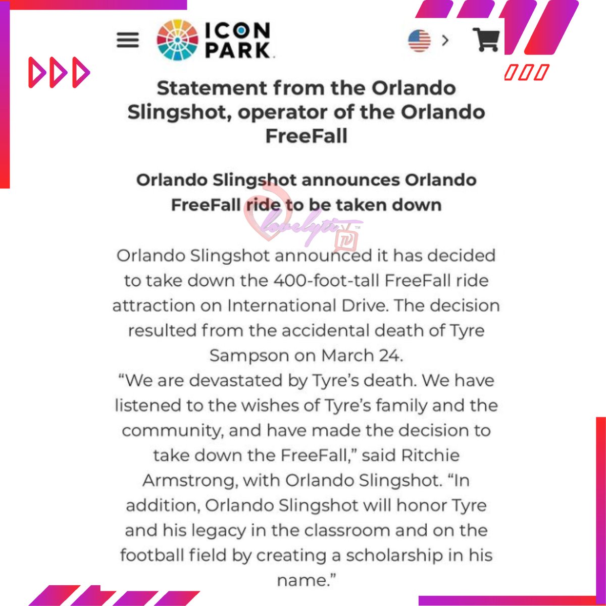 A Florida drop tower amusement park ride from which a 14-year-old boy fell to his death in March will be taken down, the ride's operator said Thursday.

Any Thoughts???

#TyreSampson #YarnellSampson #ICONPark #DropTower #Lovelytitv