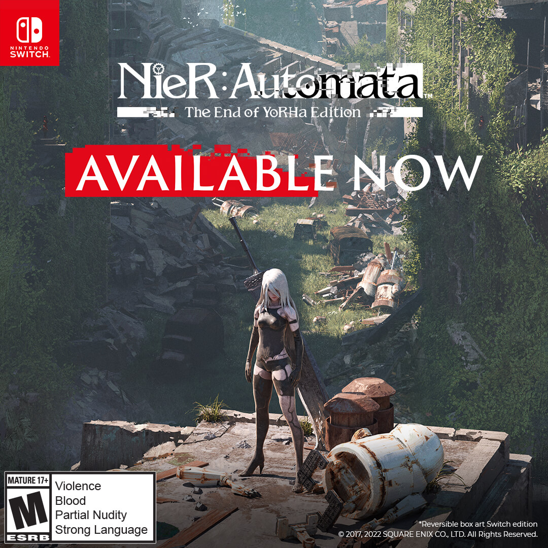 NieRGame's tweet photo. #NieR:Automata The End of YoRHa Edition, the award-winning post-apocalyptic action RPG, is out now on Switch!