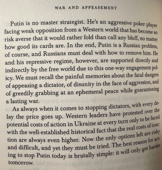 ZhiZhuWeb's tweet photo. @apmassaro3 "We must recall the painful memories about the fatal dangers of appeasing a dictator...

of greedily grabbing at an ephemeral peace while guaranteeing a lasting war."
~@Kasparov63 in his 2015 book _Winter Is Coming_ 

Kasparov was right. 
It has only gotten harder. https://t.co/3AHJcPigoN