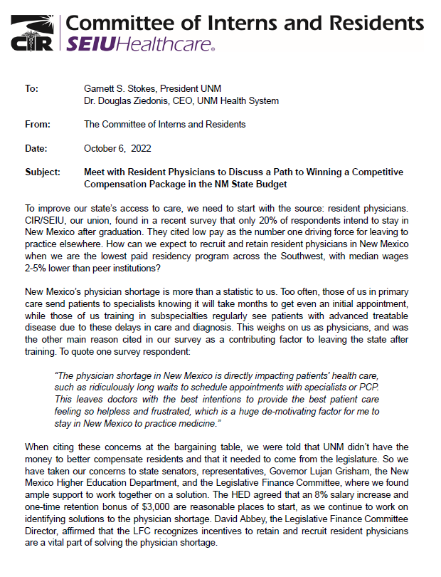 unmcir's tweet photo. Two of our CIR leaders delivered this petition to the office of Dr. Doug Ziedonis, EVP and CEO of @UNMHSC. Had a lovely chat with his chief of staff and eager to hear back about when we can meet! #NewMexico #PhysicianShortage #MedTwitter #NMHealth #CIRSEIU #UnionStrong  #nmpol https://t.co/PWWd4JEvM6