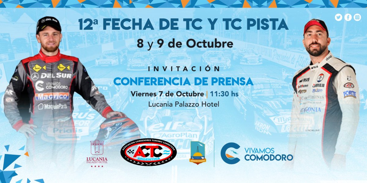 🏁¡Estamos cada vez más cerca de la 12° fecha!
Mañana, a las 11:30 hs., presentamos el #TCenComodoro junto a <a href="/marceloagrelo/">Marcelo Agrelo</a> y <a href="/GustiMicheloud/">Gustavo A. Micheloud</a>. ¡Vas a poder vivir de primera mano la llegada a la ciudad con los protagonistas y sus máquinas!

La cita es en Moreno 676, Cdro.Rivadavia
