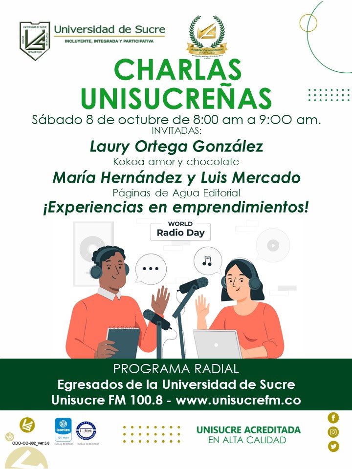 Unisucrefm1008's tweet photo. A través de la coordinación de Egresados te invita a escuchar Charlas Unisucreñas, programa institucional de nuestros egresados, que se transmite por https://t.co/xYAktAzFMq

¡Sintonízanos!

#YoEscuchoUnisucreFMStereo #AcreditaciónParaTransformarRegión https://t.co/0xmVYLDpTN