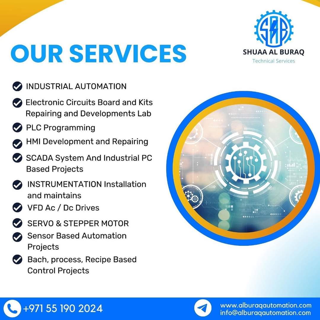 ☎️ Phone: +971 55 190 2024
✉️  info@alburaqautomation.com
🌐 Web: alburaqautomation.com
#ourservices #industrial #automation #TRAINING #SCADA #INSTALLATION #CONFIGURATION #commissioning #repair #plcprogramming #siemensplc #OmronAutomation #omronplc #deltaplc #MitsubishiPLC