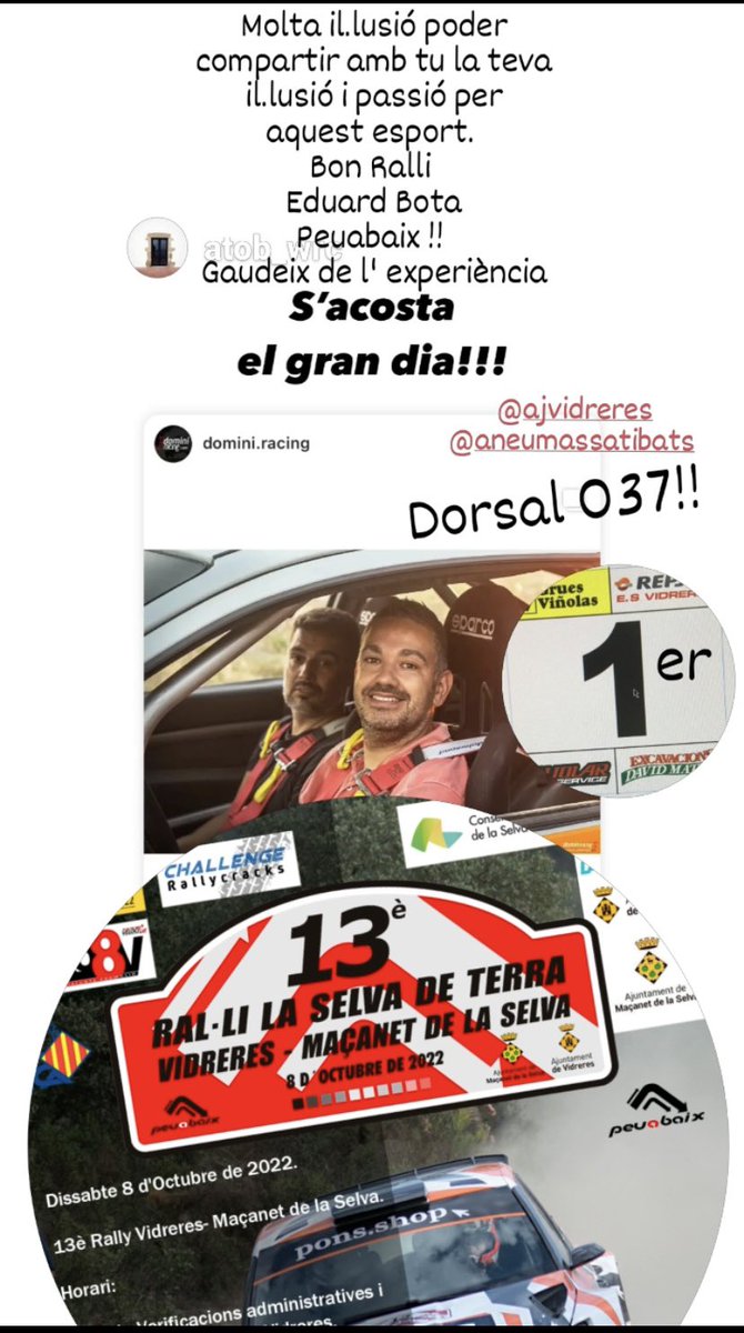 jordi_camps's tweet photo. 🚘El veí de #vidreres Eduard Bota @AtobWRC conjuntament amb Toni Lopez de #santacolomadefarners , els dos de l’entitat @AneuMassaTibats , participaran al https://t.co/9pTVaT3b2G de terra de la nostra vila.
❇️Gaudiu de l’experiència cracks
💪#peuabaix
#vidreres #motor #esport https://t.co/jCWFTl1QyY