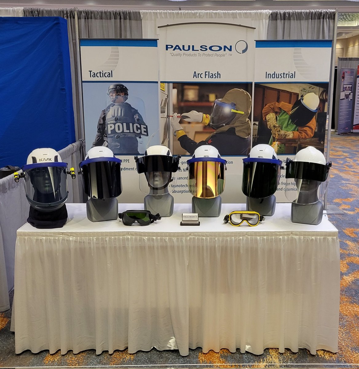 PaulsonMFG's tweet photo. We're all set up for the booth program tomorrow at the @GAWDAorg Annual Convention in San Diego. Come by booth # 107 to learn about our #welding face shields compatible with climbing-style safety helmets.
#GAWDAAC2022 #WeldingSafety #FaceProtection #MadeInTheUSA #MadeInTemecula https://t.co/lFqj0Phhy6