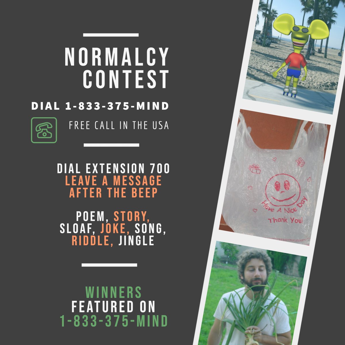 nayrbgo's tweet photo. ☎️ #ANNOUNCEMENT 💥 #CONTEST 

@ratboygenius and @nayrbgo are running a NORMALCY CONTEST. Dial 1-833-375-MIND in the USA for free. Then dial extension 700. Wait for the beep. Then leave a poem, story, sloaf, joke, song, riddle, or jingle after the beep. Good luck and have fun! https://t.co/ajaY2bRjju