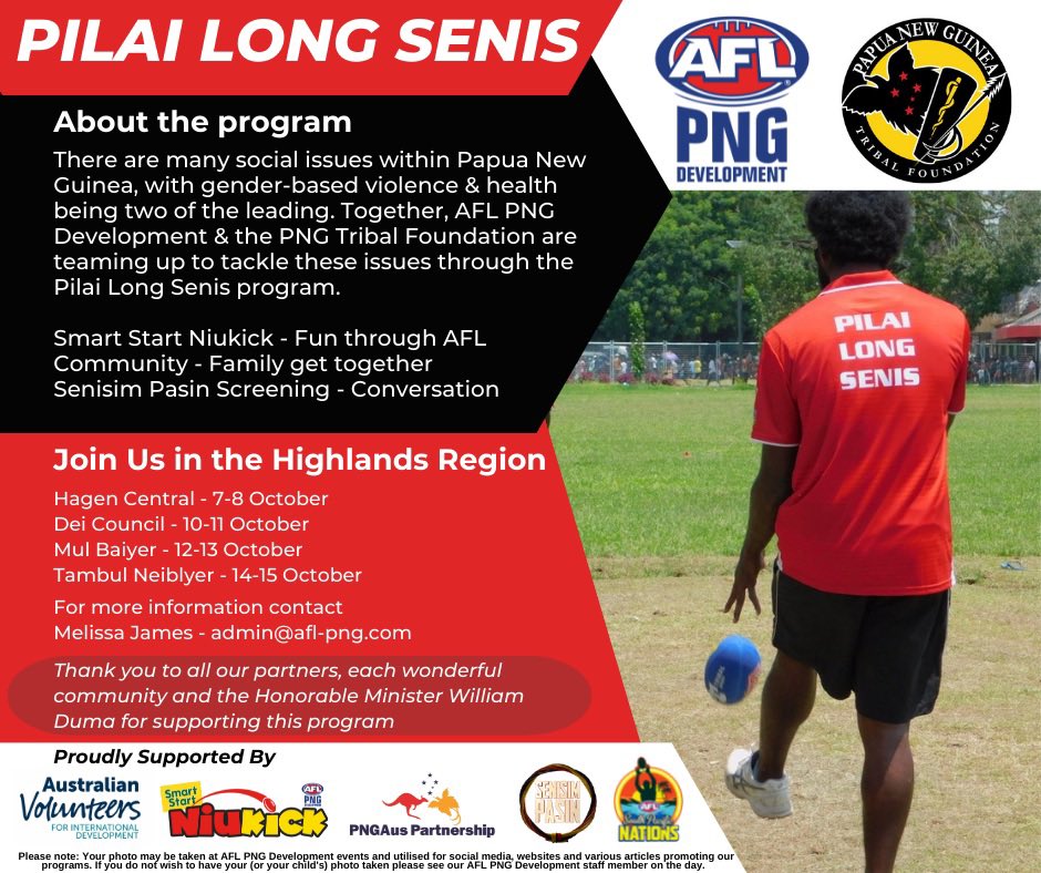 We are excited to continue our amazing partnership with the PNG Tribal Foundation and their Senisim Pasin campaign

Join us over the next week as we deliver the Pilai Long Senis program across the Highlands region

#Play4Change #PilaiLongSenis #AVI #PNGTribe #AFLPNG